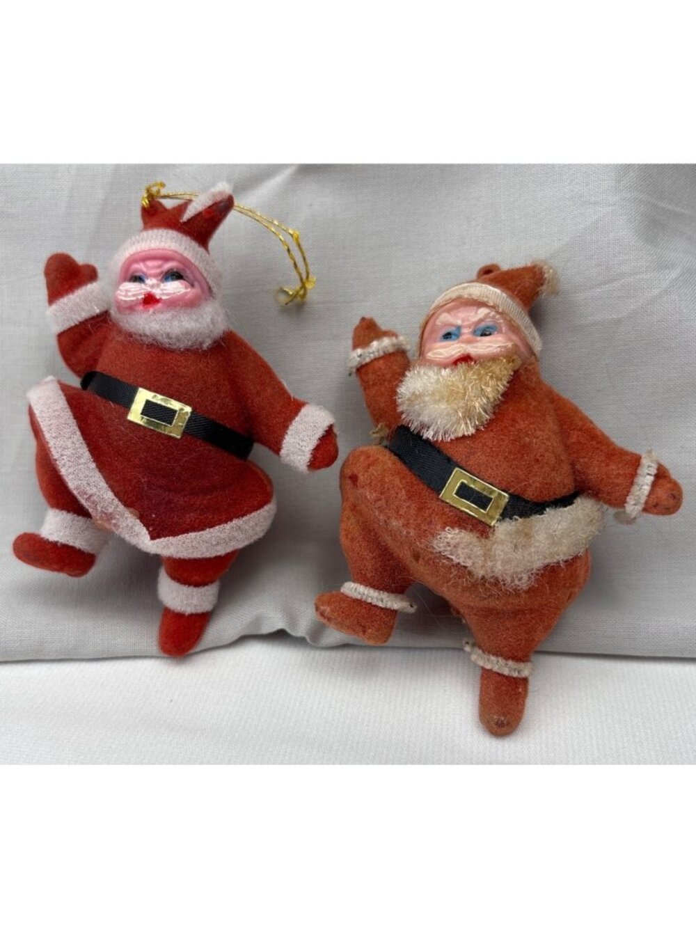 Flocked Santa Christmas Ornaments Set Red White Decor Retro Cute! Vintage